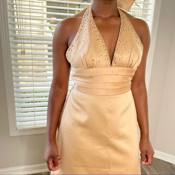 Windsor Gold Satin Embellished MIDI Halter Dress with Bow - Picture 7 of 13